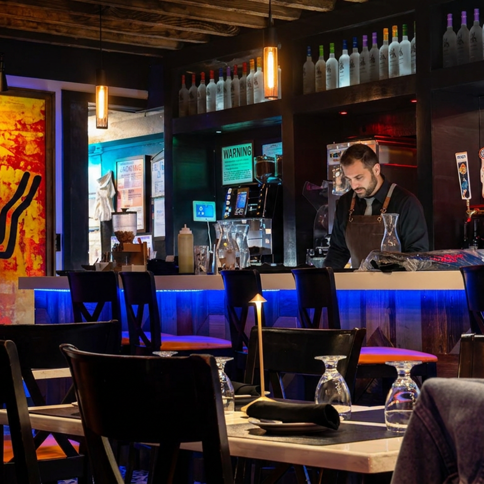 Vibrant restaurant bar with blue lighting, liquor shelves, bartender, colorful spider artwork, and neatly set dining tables.