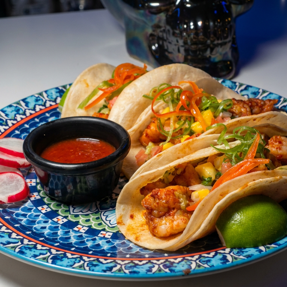 Plate of shrimp tacos topped with shredded vegetables, served with radishes, lime, and red salsa.