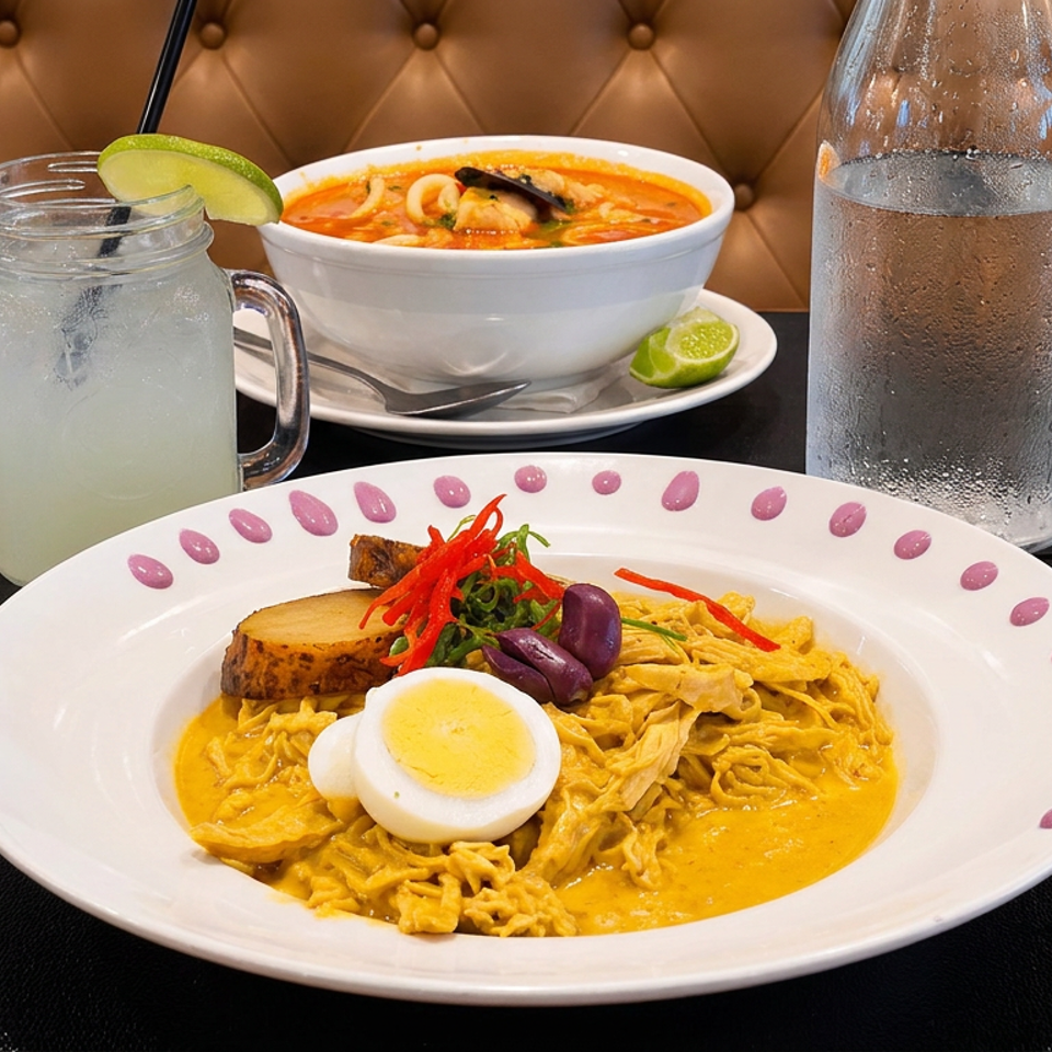 Peruvian-style noodles in yellow sauce with egg, potatoes, olives, and peppers, accompanied by soup, limeade, and water.