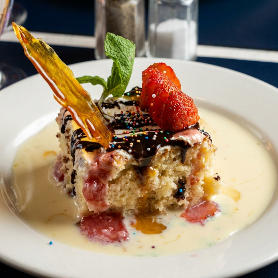 Layered dessert topped with strawberries, chocolate drizzle, colorful sprinkles, mint, and a caramel shard on a white plate.